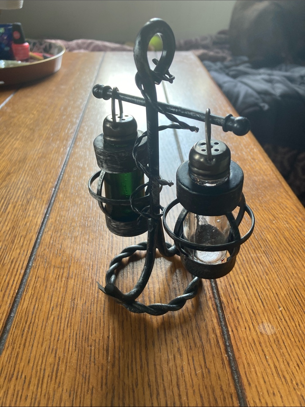 Twisted Iron Salt & Pepper Shaker Set with Green and Clear Glass